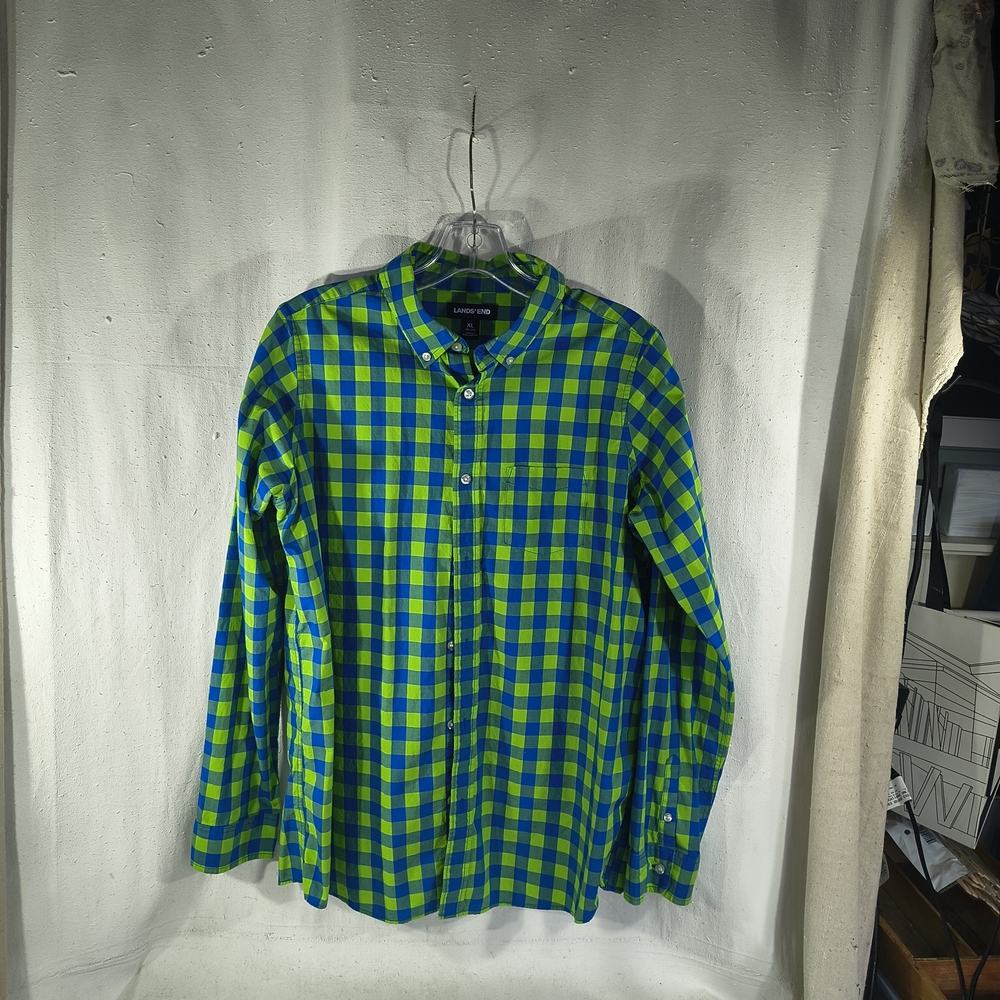 Men's Lands End Size X Large Green and Blue Checkered Long Sleeve Shirt